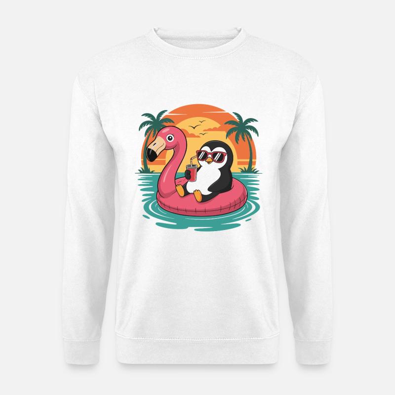 Lustiger Pinguin-tropischer Sommer-Flamingo-Float - Unisex Pullover - Weiß