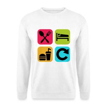 Essen, Schlaf, Essen wiederholen, lustiges Zitat, Koch. - Unisex Pullover - Weiß - Vorne - Alina (178cm) & Michal (187cm)