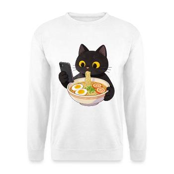 Black cat with smartphone and ramen noodles - Unisex Sweatshirt - white - Front