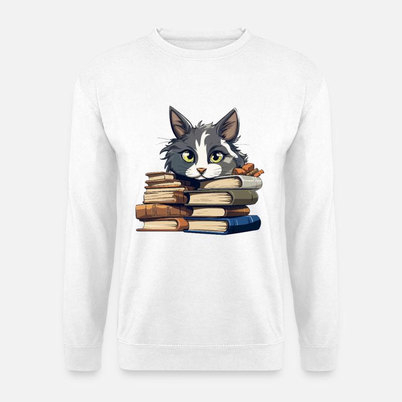 Bücherstapel Katze Bibliophile - Unisex Pullover - Weiß