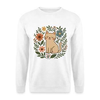 Florale Katze zwischen den Blüten - Unisex Pullover - Weiß - Vorne