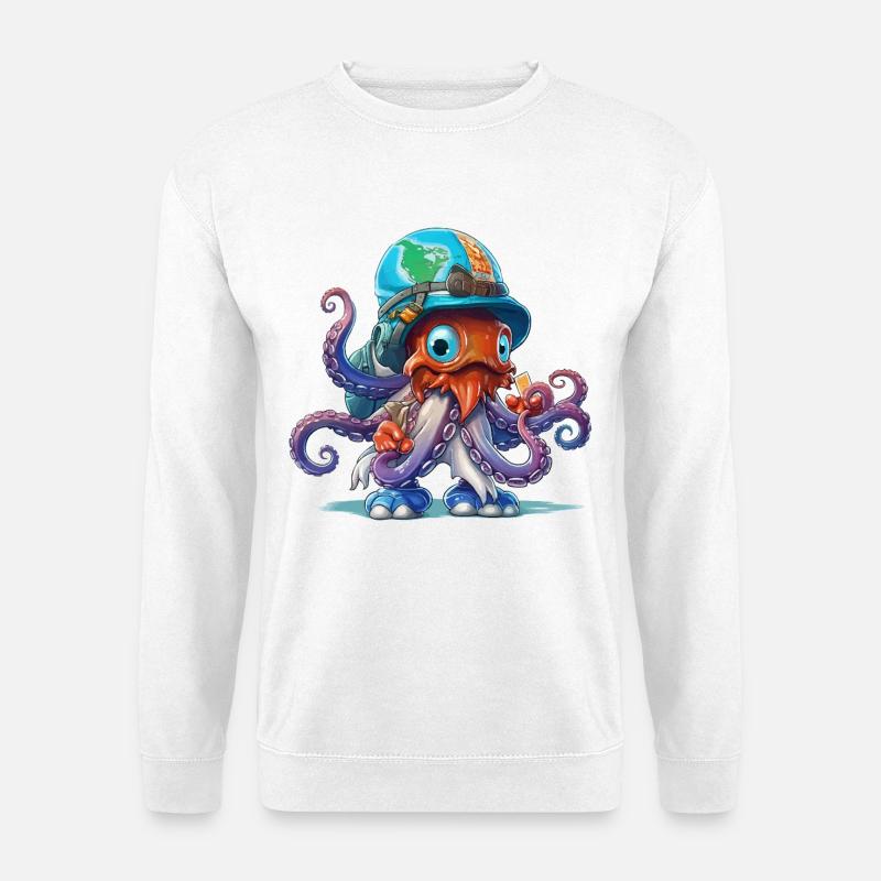Oktopus Entdecker mit Weltkartenhelm - Unisex Pullover - Weiß