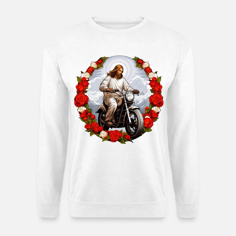 Jesu Motorrad mit Rosen - Unisex Pullover - Weiß
