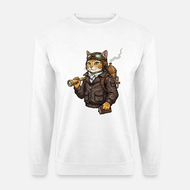 Chat Aviateur Steampunk Explorateur Curiosité - Sweat-shirt Unisexe - blanc