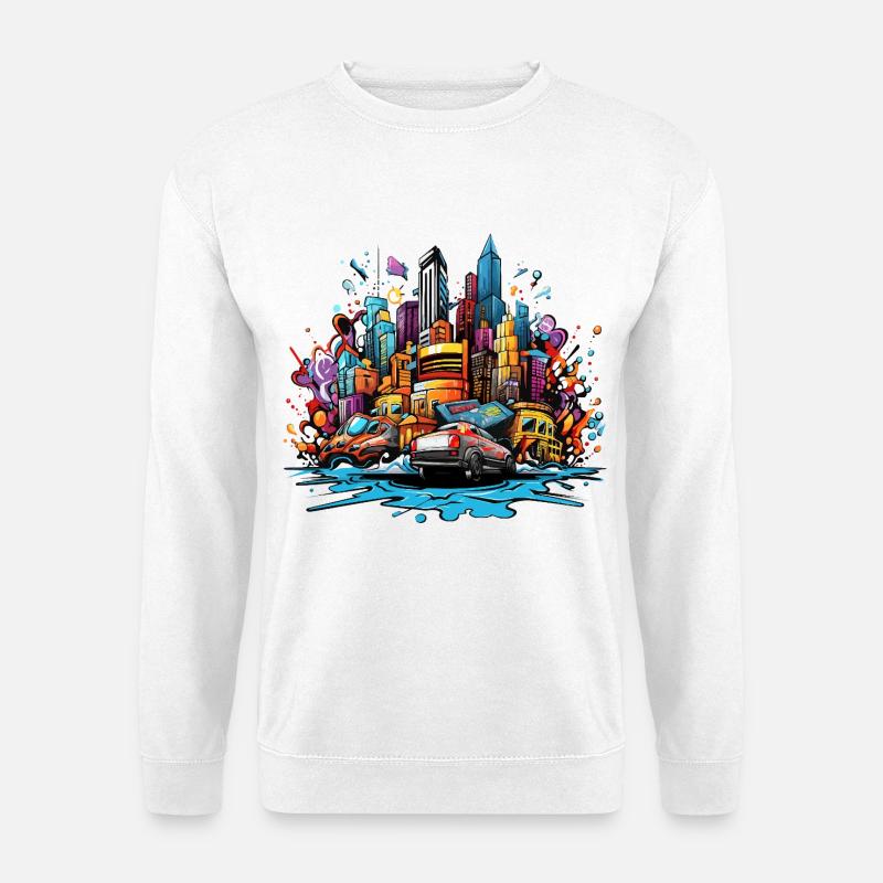 Bunte Stadtsilhouette mit Autos - Unisex Pullover - Weiß