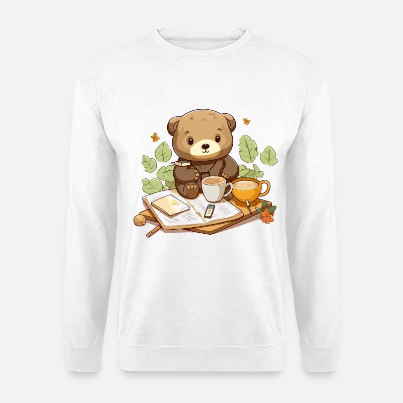 Cuddly bear reading with coffee - Unisex Sweatshirt - white