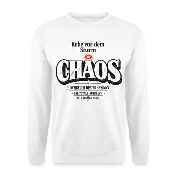 CHAOS Ruhe vor dem Sturm Typografie Spruch - Unisex Pullover - Weiß - Vorne - Alina (178cm) & Michal (187cm)