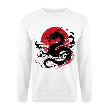 Red Sun Japanese Dragon – Sumi-e Print - Unisex Pullover - Weiß - Vorne - Alina (178cm) & Michal (187cm)