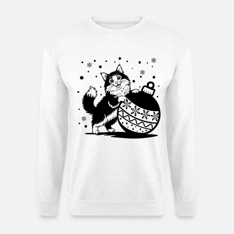 Süße, flauschige Katze mit einer großen Weihnachtskugel – St. - Unisex Pullover - Weiß
