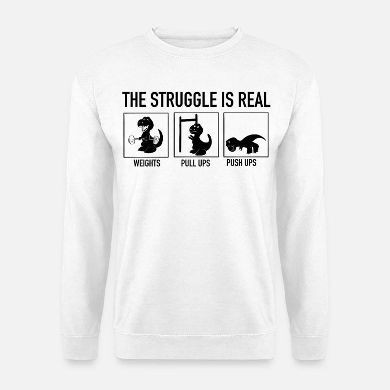 T-Rex Gym Struggle – lustiges Dinosaurier-Gewichtheben - Unisex Pullover - Weiß