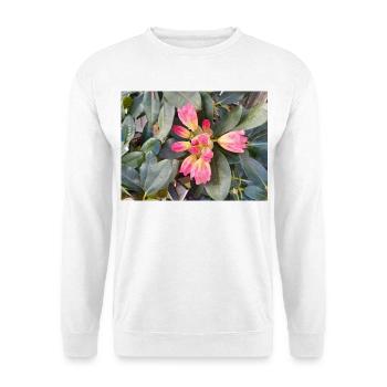 Orange-rosa Blüten auf grünem Laub - Unisex Pullover - Weiß - Vorne