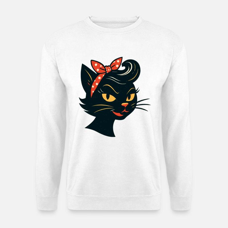 Sort kat i 50'er retro-stil - Unisex sweater - hvid