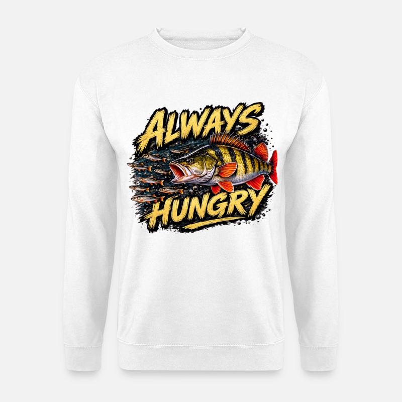 Always Hungry – Aggressives Barschangel-Design - Unisex Pullover - Weiß