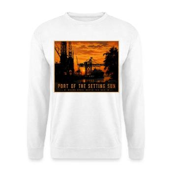 Port of the Setting Sun – Vintage Harbor Illustrat - Unisex Pullover - Weiß - Vorne - Alina (178cm) & Michal (187cm)