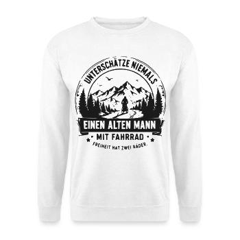 Alter Mann mit Fahrrad – Abenteuerszene - Unisex Pullover - Weiß - Vorne