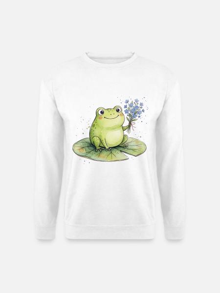 Niedlicher Frosch mit Vergissmeinnicht Blumen - Unisex Pullover - Weiß
