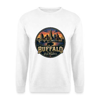 Buffalo City of Good Neighbors Retro-Abzeichen - Unisex Pullover - Weiß - Vorne - Alina (178cm) & Michal (187cm)