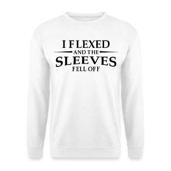 Ich habe gespannt und die Ärmel sind runtergefallen – lustiges Fitnessgeschenk - Unisex Pullover - Weiß - Vorne - Alina (178cm) & Michal (187cm)