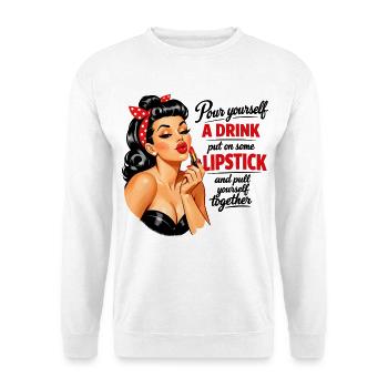Pin-Up Girl mit Kussmund & Lippenstift Spruch - Unisex Pullover - Weiß - Vorne - Alina (178cm) & Michal (187cm)