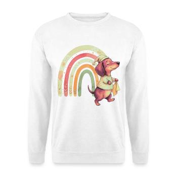 Schlafwandelnder Dackel mit Regenbogen - Unisex Pullover - Weiß - Vorne - Alina (178cm) & Michal (187cm)