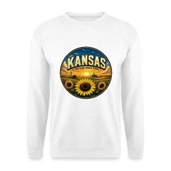 Kansas The Sunflower State Retro Farm Abzeichen - Unisex Pullover - Weiß - Vorne - Alina (178cm) & Michal (187cm)