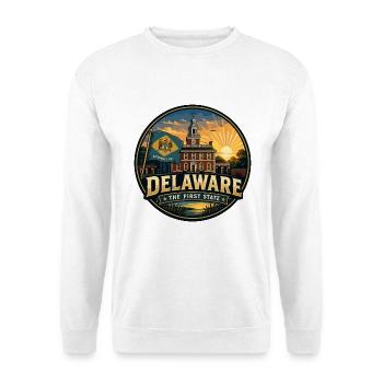 Delaware: Das erste Retro-Kapitol-Flaggenabzeichen des Bundesstaates - Unisex Pullover - Weiß - Vorne - Alina (178cm) & Michal (187cm)