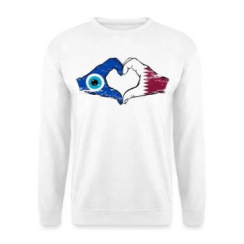 Katar Nazar Flagge Hände Herzform used - Unisex Pullover - Weiß - Vorne - Alina (178cm) & Michal (187cm)