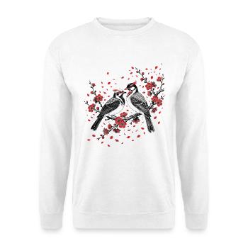 Romance Sakura – Japanische Tattoo-Turteltauben - Unisex Pullover - Weiß - Vorne - Alina (178cm) & Michal (187cm)