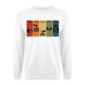 Retro Schachschritte Eröffnungsstrategie Schachmatt - Unisex Pullover - Weiß - Vorne - Alina (178cm) & Michal (187cm)