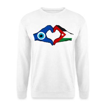 Jordanien Nazar Flagge Hände Herzform - Unisex Pullover - Weiß - Vorne - Alina (178cm) & Michal (187cm)