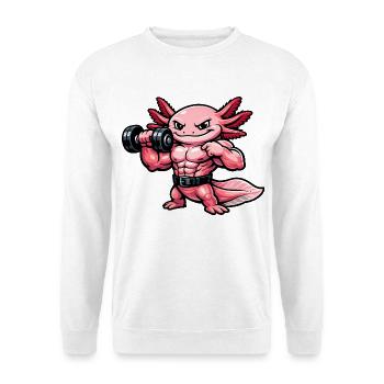Muskulöser Axolotl beim Bodybuilding - Unisex Pullover - Weiß - Vorne - Alina (178cm) & Michal (187cm)