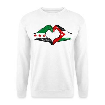 Syrien Jordanien Flagge Hände Herzform used - Unisex Pullover - Weiß - Vorne - Alina (178cm) & Michal (187cm)
