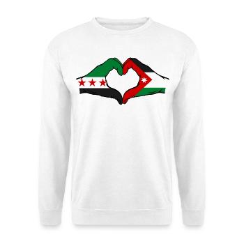 Syrien Jordanien Flagge Hände Herzform - Unisex Pullover - Weiß - Vorne - Alina (178cm) & Michal (187cm)