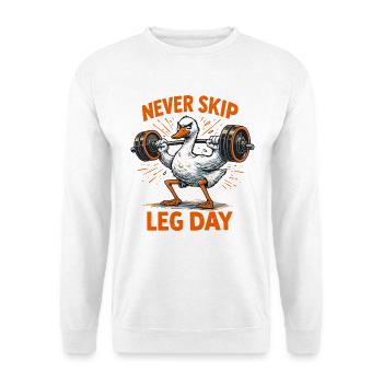 Never Skip Leg Day – Lustige Gym Gans - Unisex Pullover - Weiß - Vorne - Alina (178cm) & Michal (187cm)