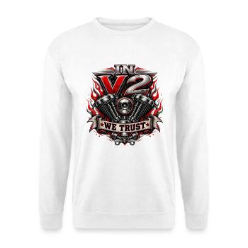 In V2 We Trust – V-Twin Motorrad Motor - Unisex Pullover - Weiß - Vorne - Alina (178cm) & Michal (187cm)