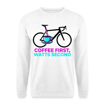 Coffee First Watts Second Bike T-Shirt - Unisex Pullover - Weiß - Vorne - Alina (178cm) & Michal (187cm)