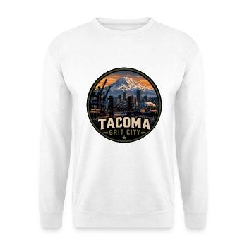 Tacoma Grit City Vintage Mount Rainier Abzeichen - Unisex Pullover - Weiß - Vorne - Alina (178cm) & Michal (187cm)