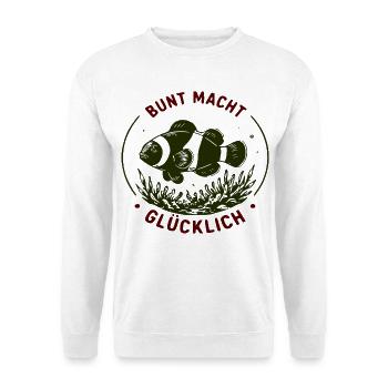 Bunter Fischkreis: Bunt macht Glücklich - Unisex Pullover - Weiß - Vorne - Alina (178cm) & Michal (187cm)