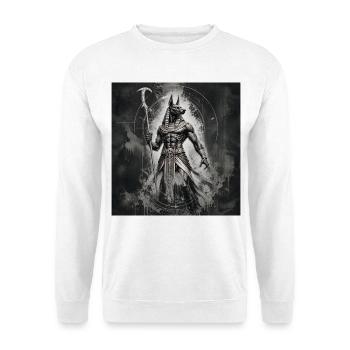 Anubis, der Krieger in der schwarzen Rüstung, - Unisex Pullover - Weiß - Vorne - Alina (178cm) & Michal (187cm)
