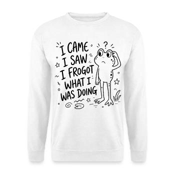 Frosch - I came I saw I frogot what i was doing - Unisex Pullover - Weiß - Vorne - Alina (178cm) & Michal (187cm)