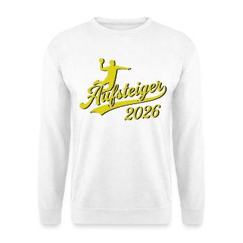 Handball Aufsteiger Meister Shirt 2026 gelb - Unisex Pullover - Weiß - Vorne - Alina (178cm) & Michal (187cm)