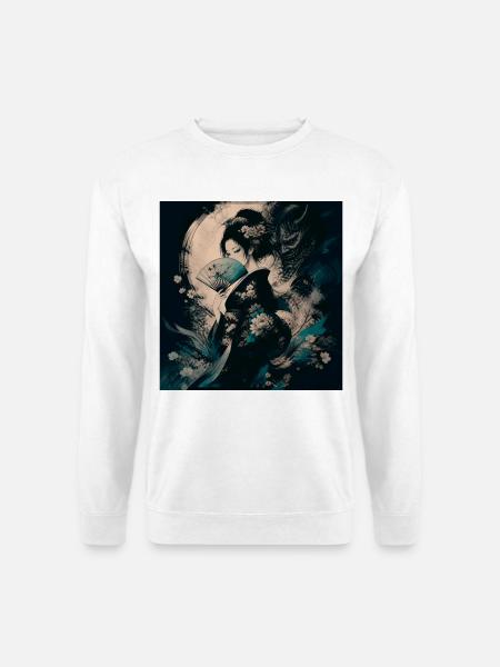 Geisha mit Fächer und Blumen - Unisex Pullover - Weiß
