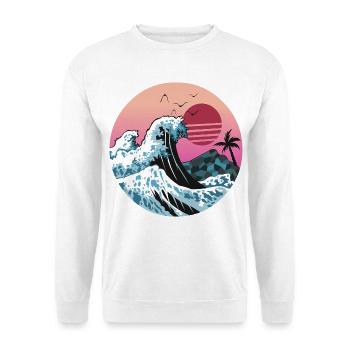Retro Sunset Wave mit Palme - Unisex Pullover - Weiß - Vorne - Alina (178cm) & Michal (187cm)