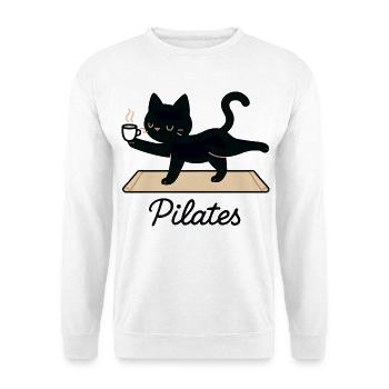 Süße Pilates-Katze mit Kaffee - Unisex Pullover - Weiß - Vorne - Alina (178cm) & Michal (187cm)