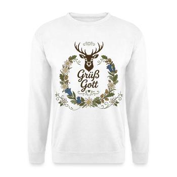 Grüß Gott Hirschgeweih Bayern - Unisex Pullover - Weiß - Vorne - Alina (178cm) & Michal (187cm)