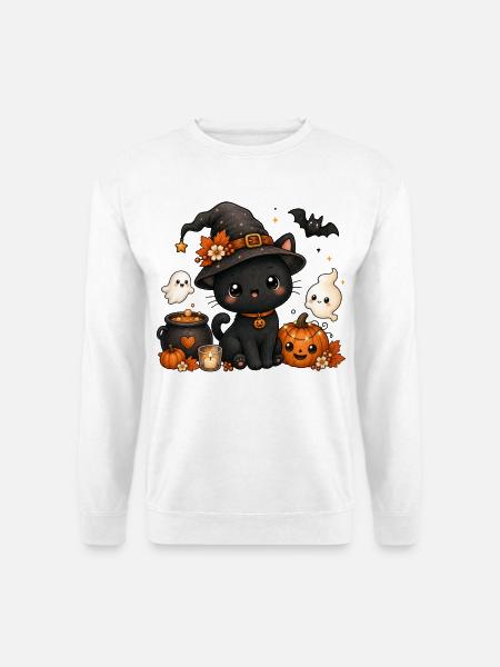 Halloween schwarze Katze mit Hut süß gruselig - Unisex Pullover - Weiß