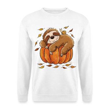 Faultier Kürbis Herbst Chill Herbstmotiv  - Unisex Pullover - Weiß - Vorne - Alina (178cm) & Michal (187cm)