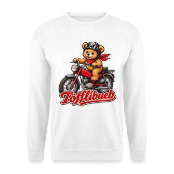 Töfflibueb Teddybär auf Töffli - Für alle Mofafans - Unisex Pullover - Weiß - Vorne - Alina (178cm) & Michal (187cm)