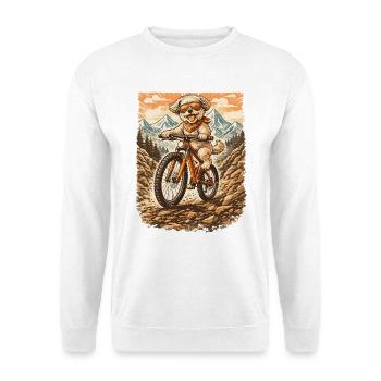 Maltipoo auf Mountainbike in den Bergen - Unisex Pullover - Weiß - Vorne - Alina (178cm) & Michal (187cm)