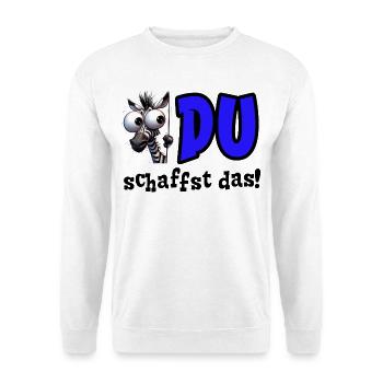 Du schaffst das! Mutmacher Glücksbringer Zebra - Unisex Pullover - Weiß - Vorne - Alina (178cm) & Michal (187cm)